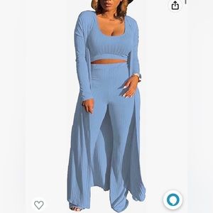3 Piece Outfit Rib Open Front Cardigan w/Crop Tank Top Wide Leg Palazzo Pant Set
